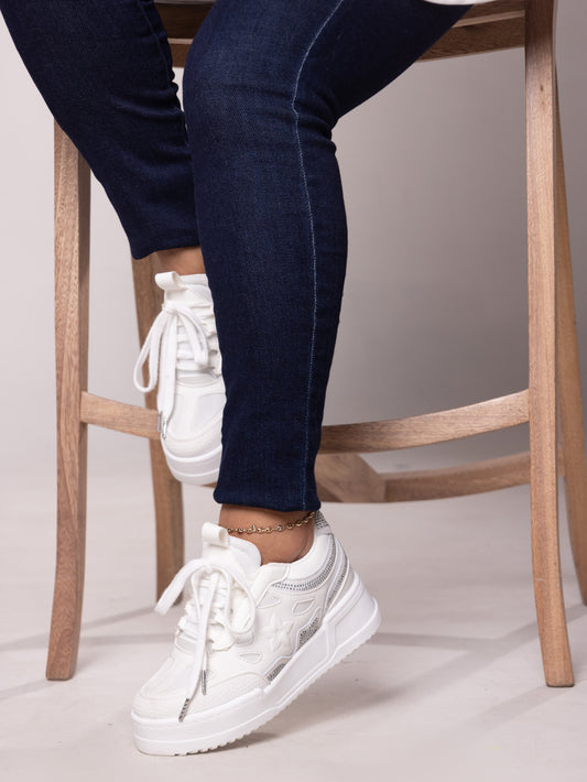 Tenis casuales con flor lateral y piedras brillantes AMAIA-2 Blanco