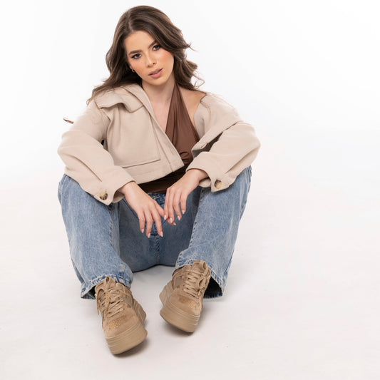 Tenis Plataforma CRISTAL Camel con Brillos – Dama | Comodidad y Estilo