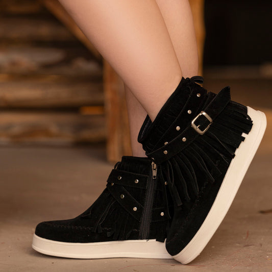 Botines ALICIA con flecos en gamuza negra para mujer – Calzaristy