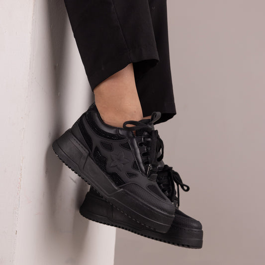 Tenis casuales con flor lateral y piedras brillantes AMAIA-2 Negro
