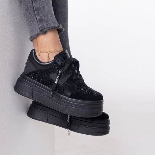 Tenis negros para dama con plataforma y brillo – Ref. Cristal | Calzaristy Colombia