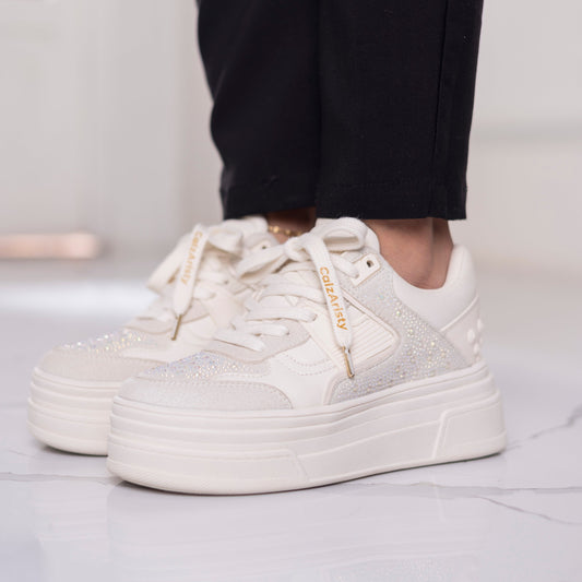 Tenis Beige para dama con plataforma y brillo – Ref. Cristal | Calzaristy Colombia