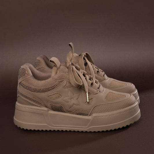Tenis casuales con flor lateral y piedras brillantes AMAIA-2 Camel